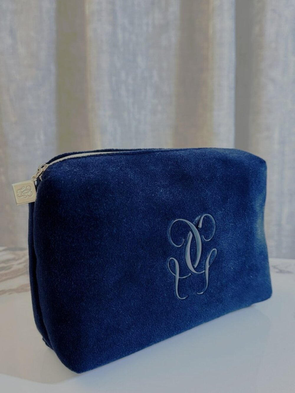 Guerlain Paris Monogramed Navy Blue Velvet Makeup Bag Cosmetic Pouch Travel